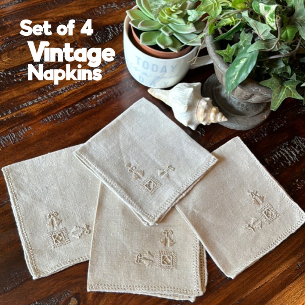 Set of 4 Vintage Cotton- Napkins-Beige-Embroidered Detail